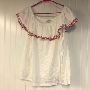 J Crew White Off-Shoulder Top with Red Embroidery XL